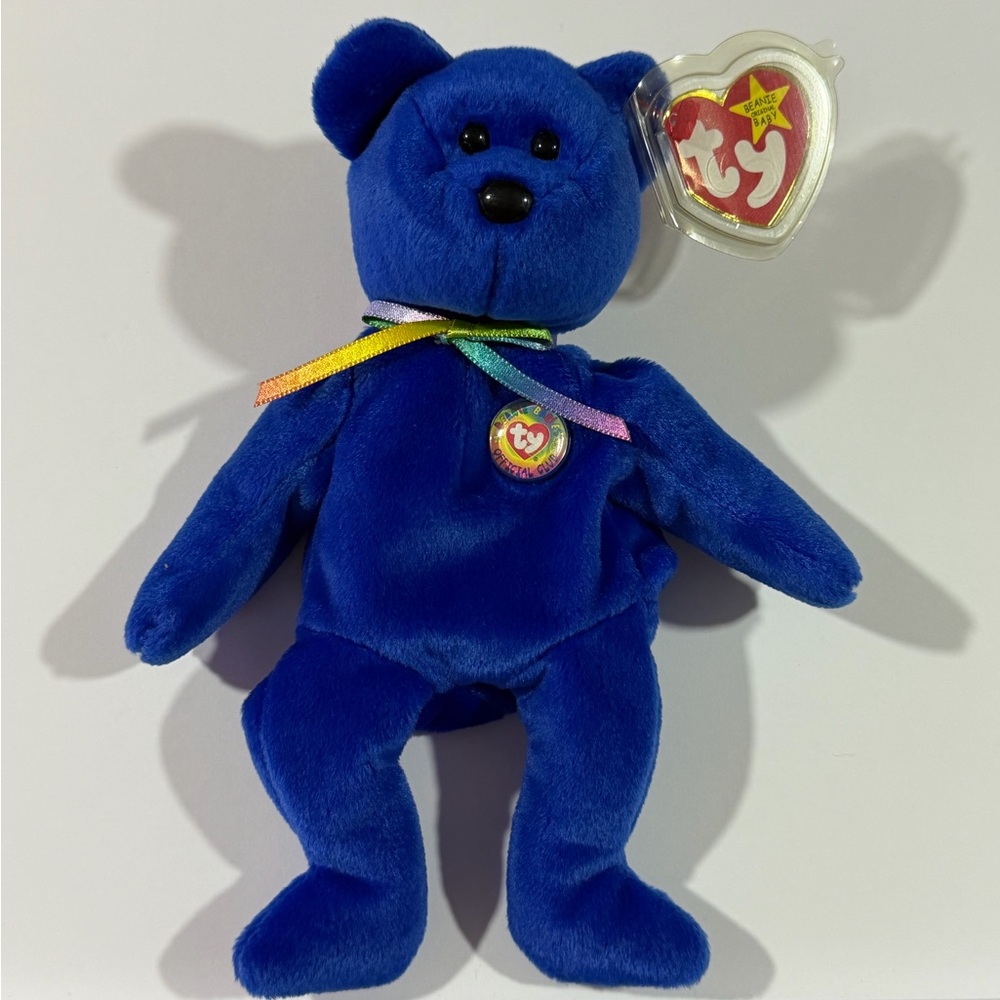 Ty Royal Blue Plush Bear with Rainbow Ribbon